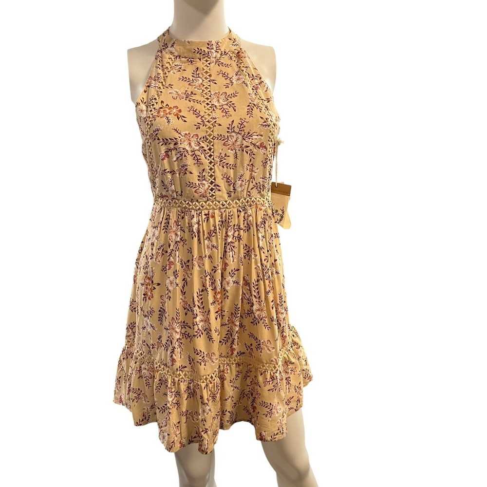 Sunday Mi Amo Dress Beige Floral Tiered Mini M Halter Neck Open Strappy Back